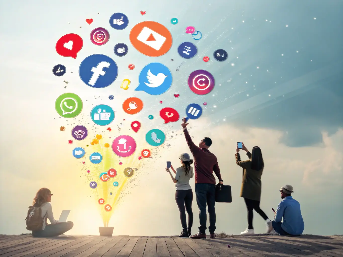 A visually appealing graphic showcasing various social media icons and example podcast promotional posts. The image represents the comprehensive social media and marketing support offered by PodcastStudioPro.