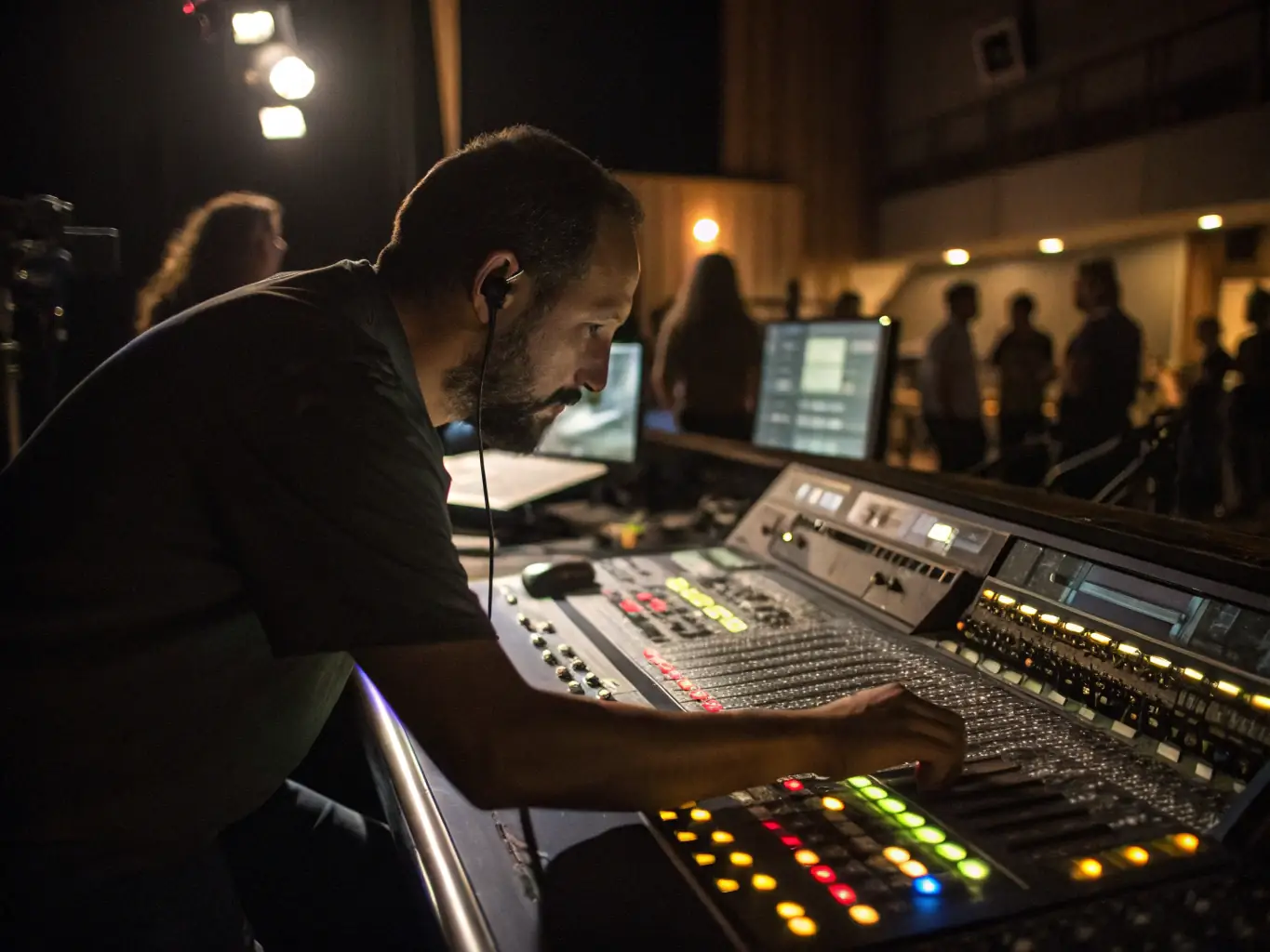 A close-up shot of a sound engineer working at a mixing console, adjusting levels and fine-tuning audio settings. The image highlights the technical expertise and attention to detail involved in the post-production process.